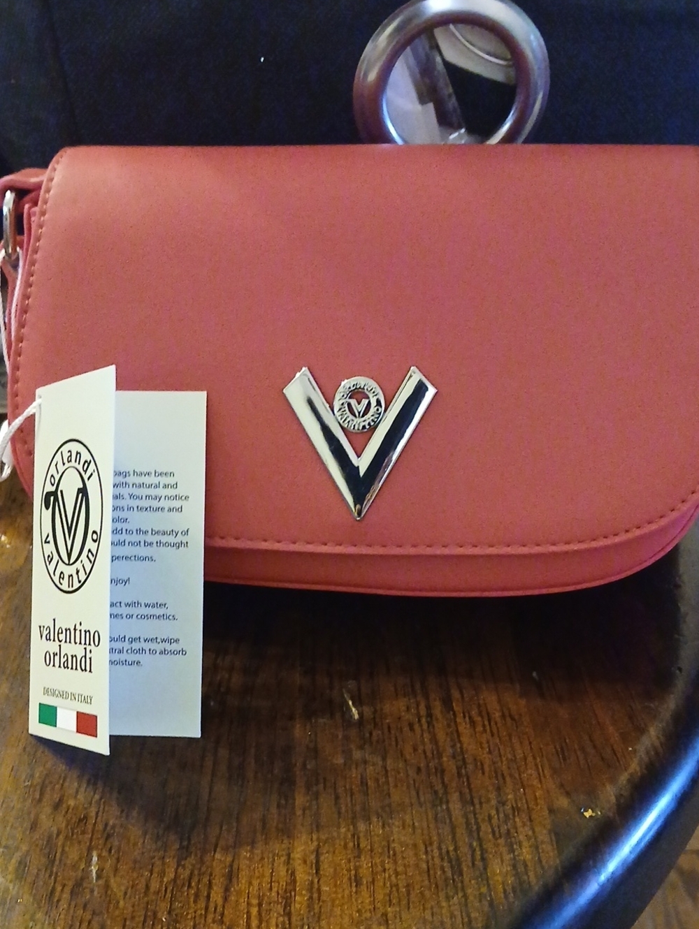 Valentino Orlandi Pink-Coral Crossbody Bag with V Logo Accent